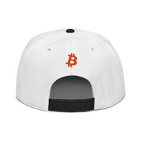Emergency Exit bitcoin snapback hat in Black / White / White, back view.