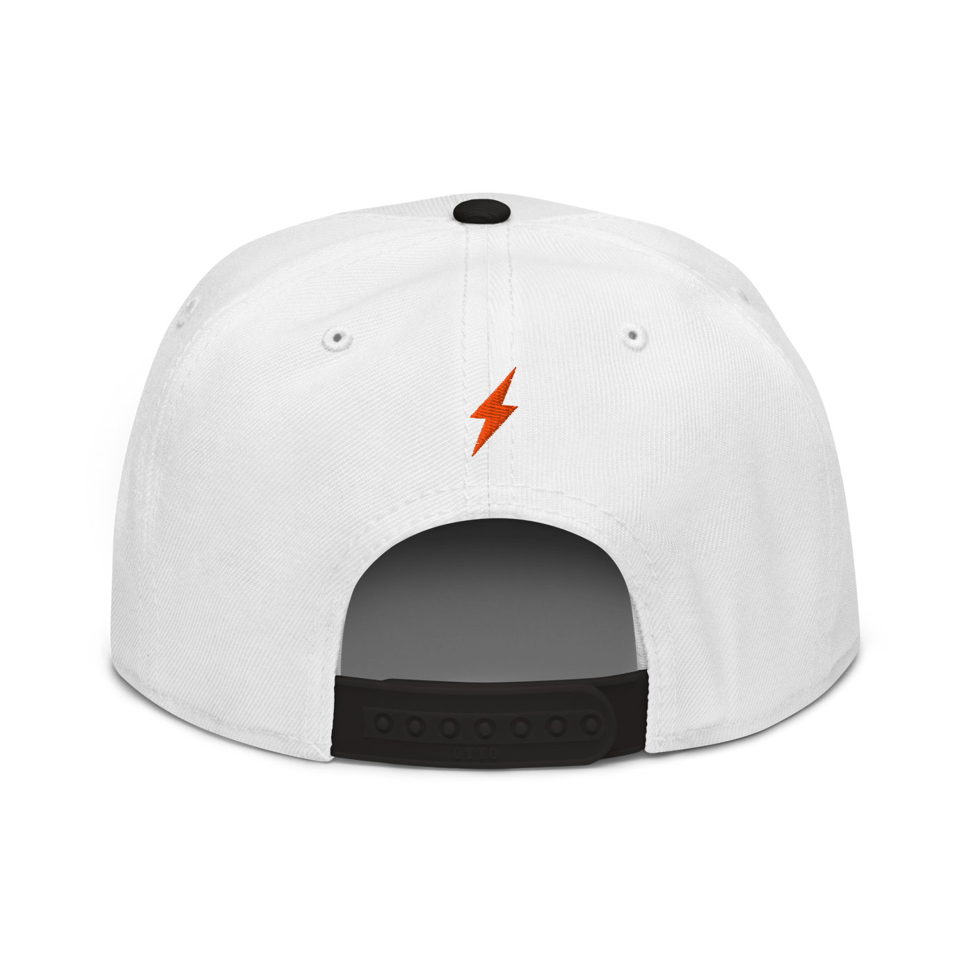 Lightning bitcoin snapback hat in Black / White / White, back view.
