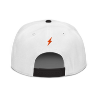 Lightning bitcoin snapback hat in Black / White / White, back view.