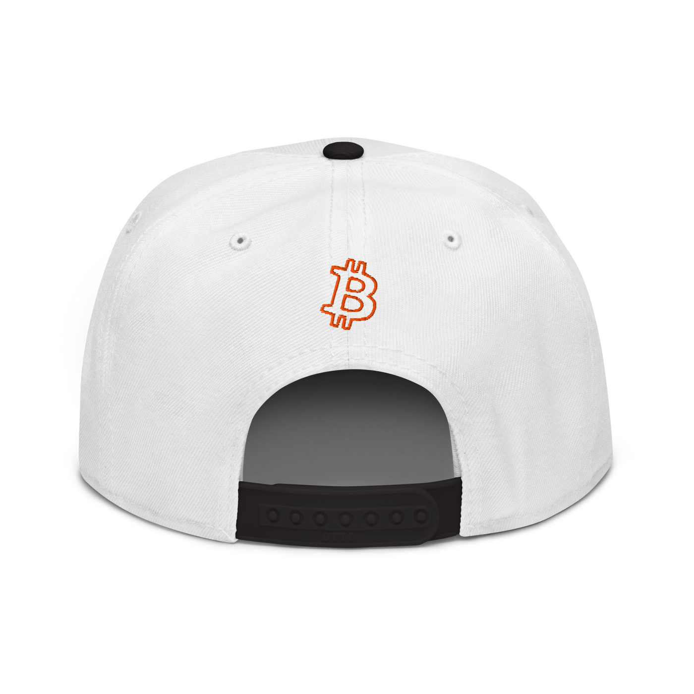 Circuit Board bitcoin snapback hat in Black / White / White, back view.