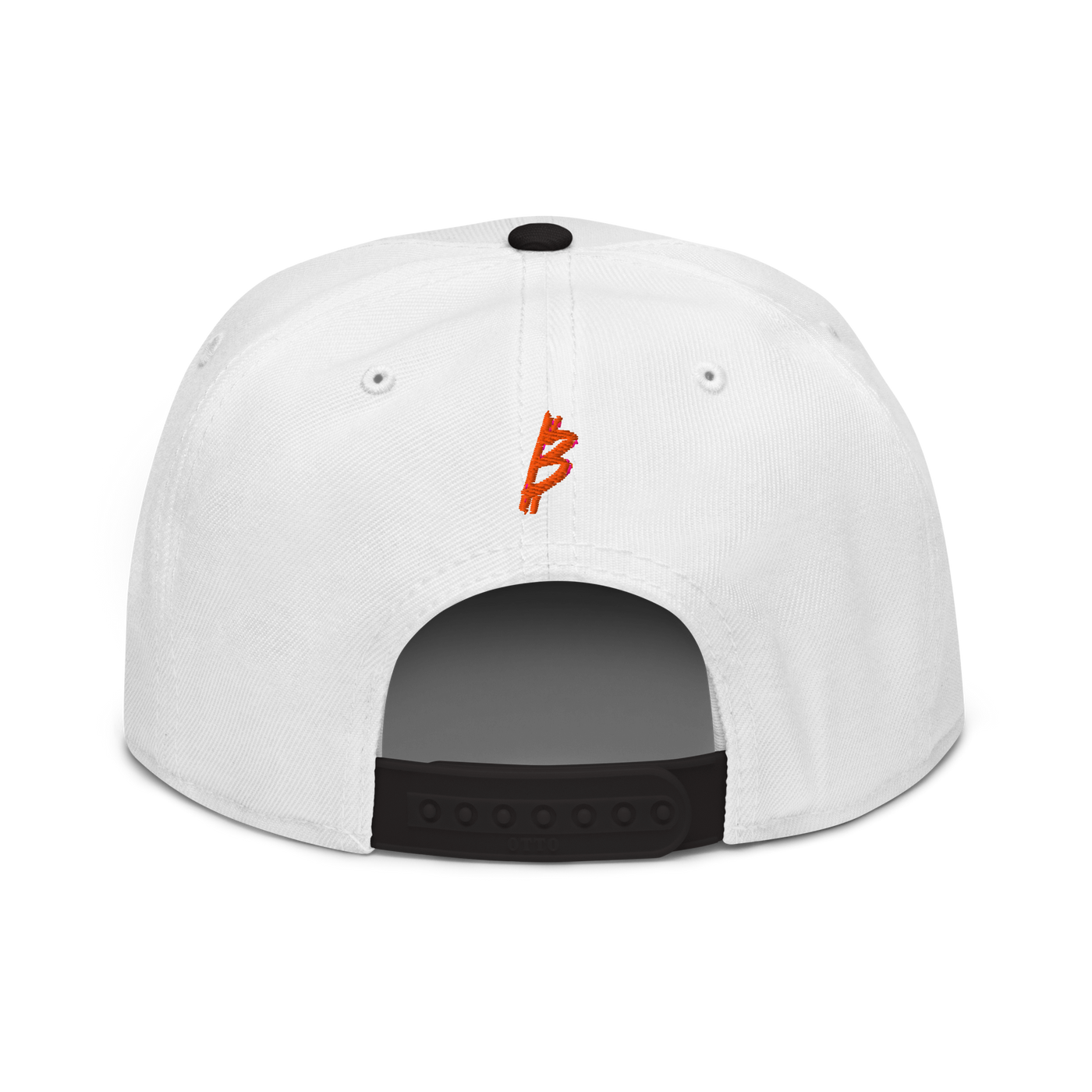 21 Rebel bitcoin snapback hat in Black / White / White, back view.