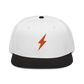 Front view of a white and black bitcoin snapback hat.