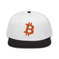 Front view of a white and black bitcoin snapback hat.