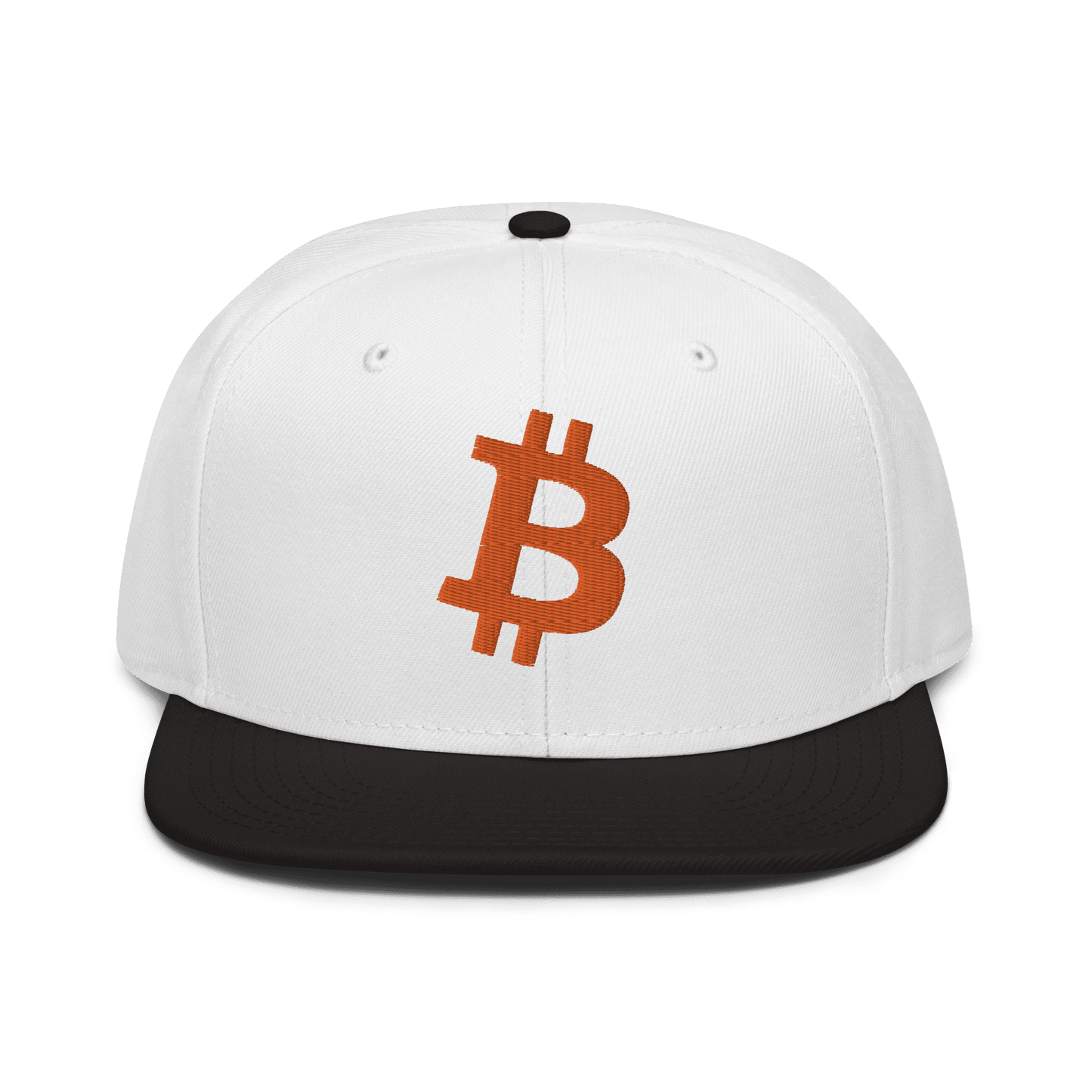 Front view of a white and black bitcoin snapback hat.