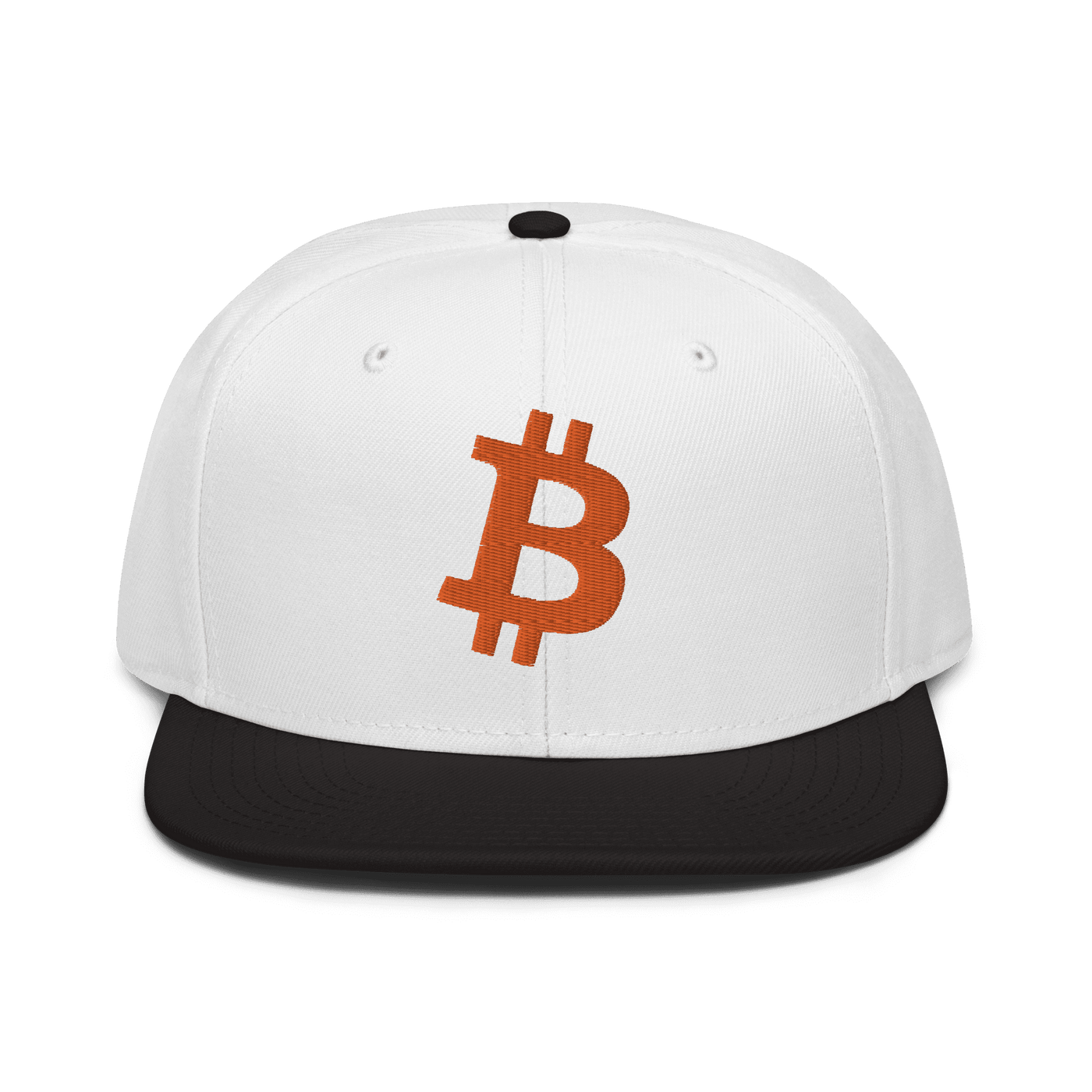 Black Bitcoin B snapback hat with flat visor and grey under visor, structured 6-panel design