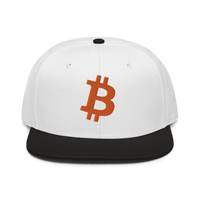 Black Bitcoin B snapback hat with flat visor and grey under visor, structured 6-panel design