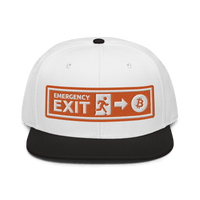 Front view of a white and black bitcoin snapback hat.