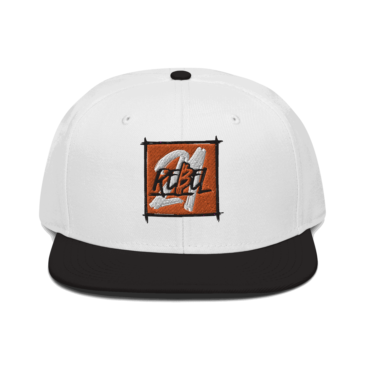 Black Bitcoin snapback hat with flat visor and grey under visor, structured six-panel design with plastic snap closure.