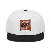 Black Bitcoin snapback hat with flat visor and grey under visor, structured six-panel design with plastic snap closure.