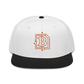 Front view of a white and black bitcoin snapback hat.