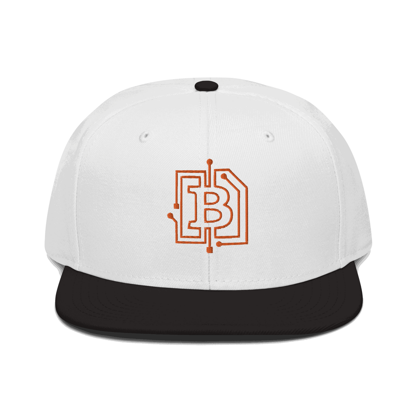 Front view of a white and black bitcoin snapback hat.
