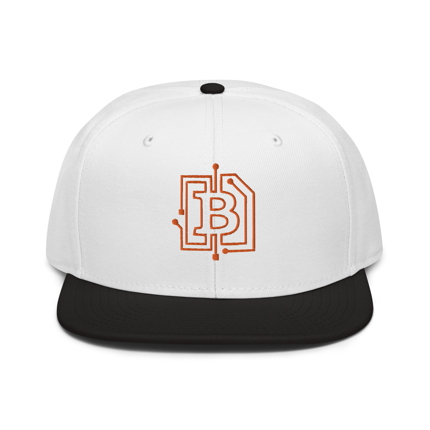 Front view of a white and black bitcoin snapback hat.