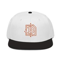 Front view of a white and black bitcoin snapback hat.