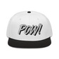 Front view of a white and black bitcoin snapback hat.