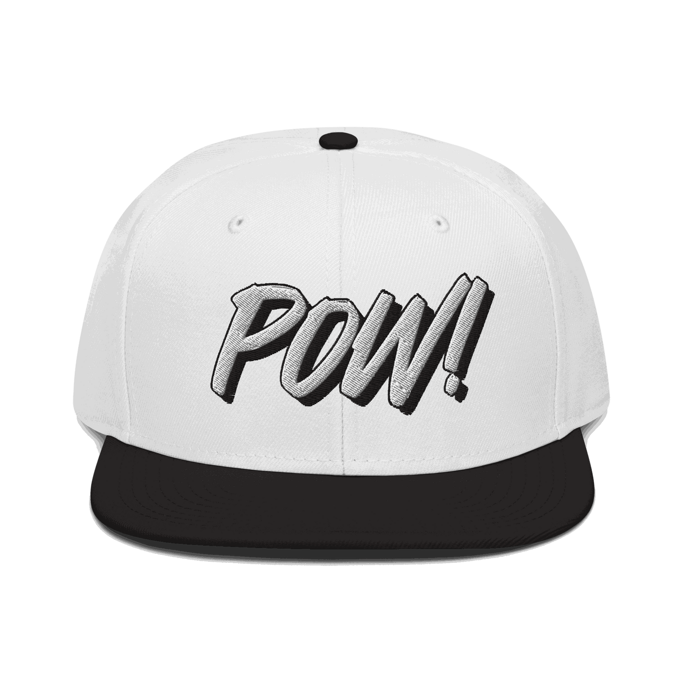 Front view of a white and black bitcoin snapback hat.