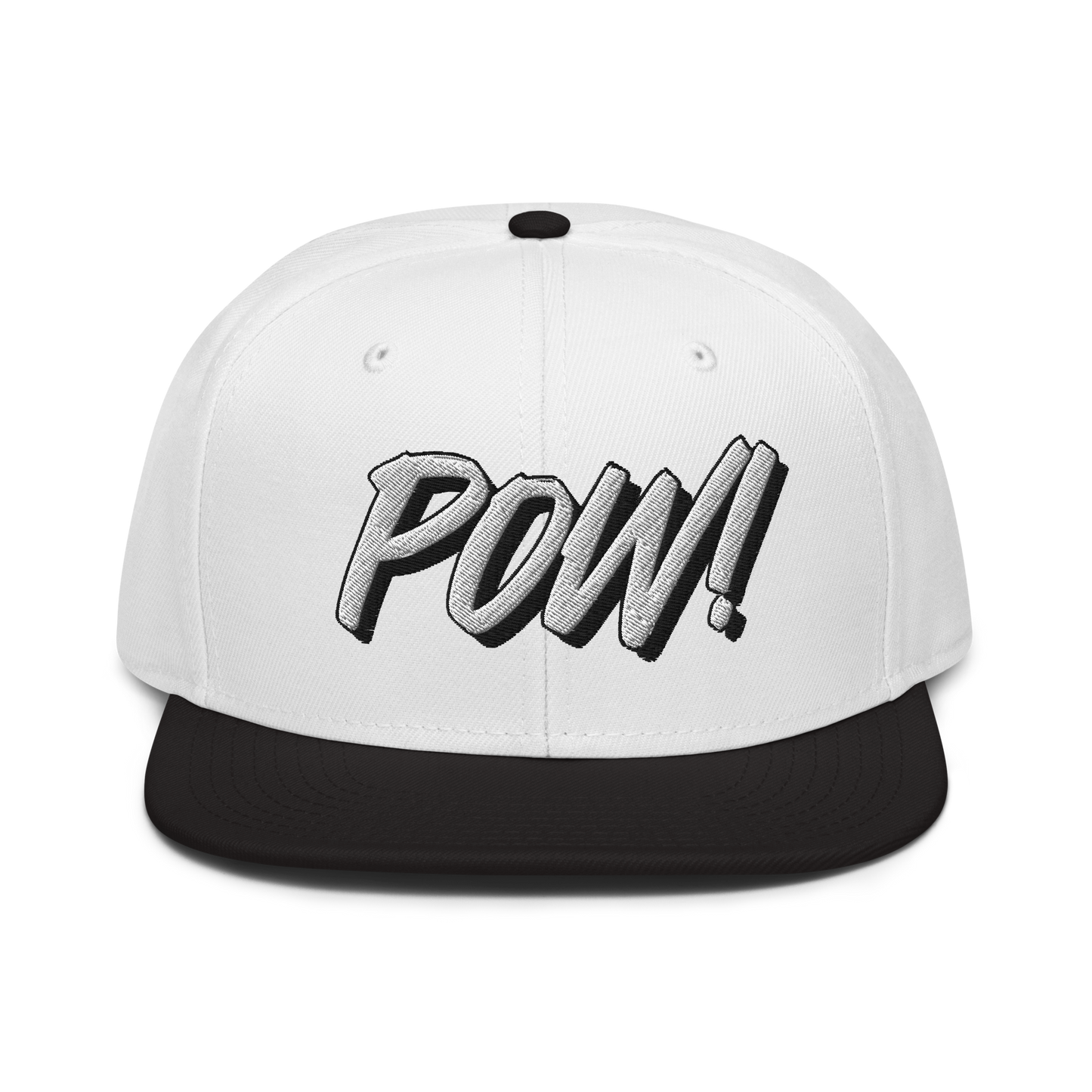 Front view of a white and black bitcoin snapback hat.