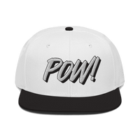 Front view of a white and black bitcoin snapback hat.