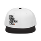 Front view of a white and black bitcoin snapback hat.