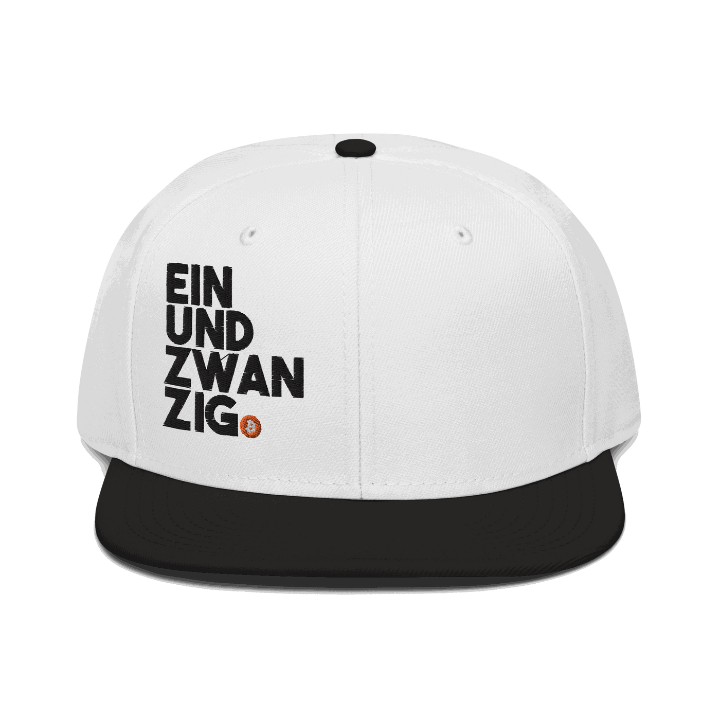 Black Einundzwanzig Bitcoin snapback hat with flat visor and grey under visor