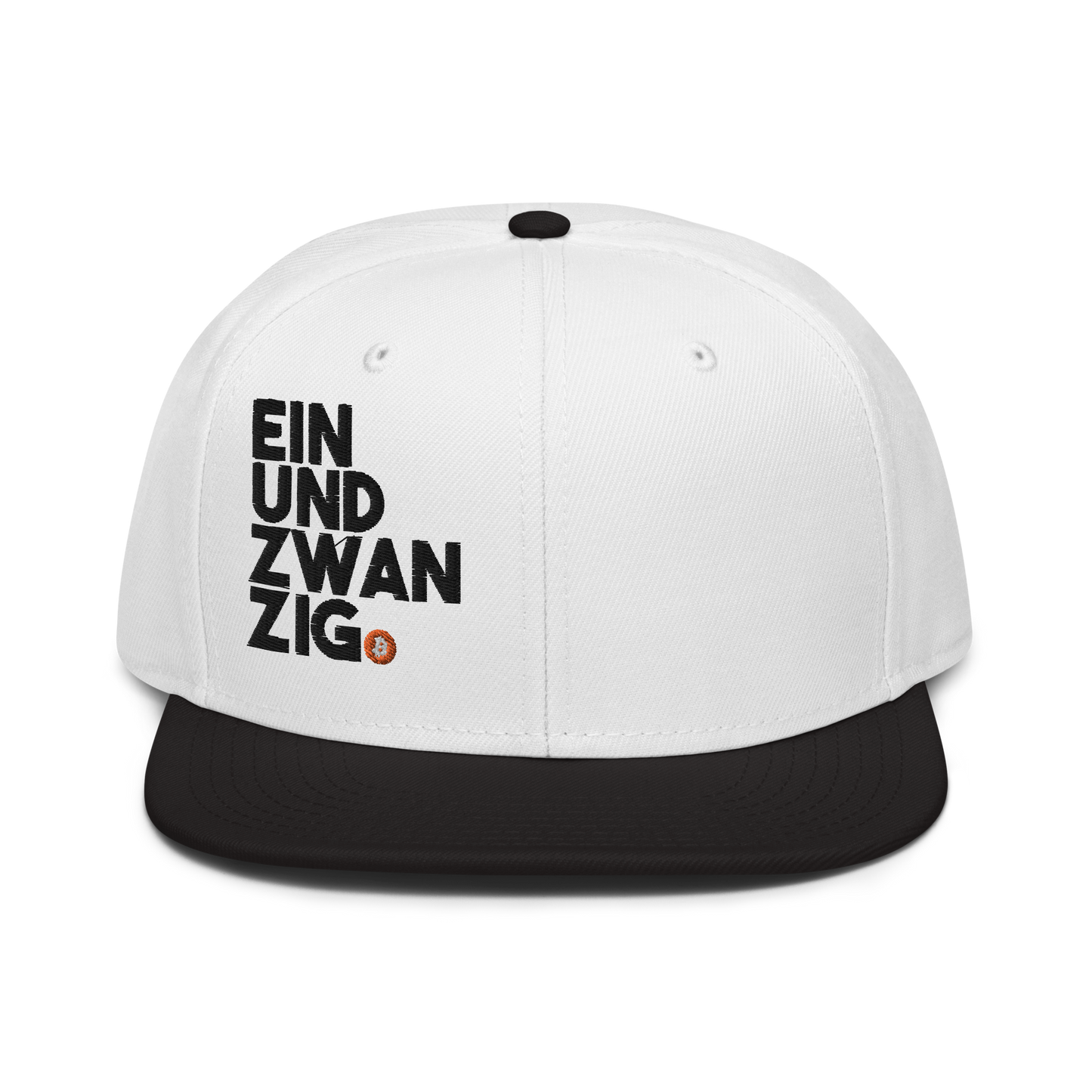 Front view of a white and black bitcoin snapback hat.