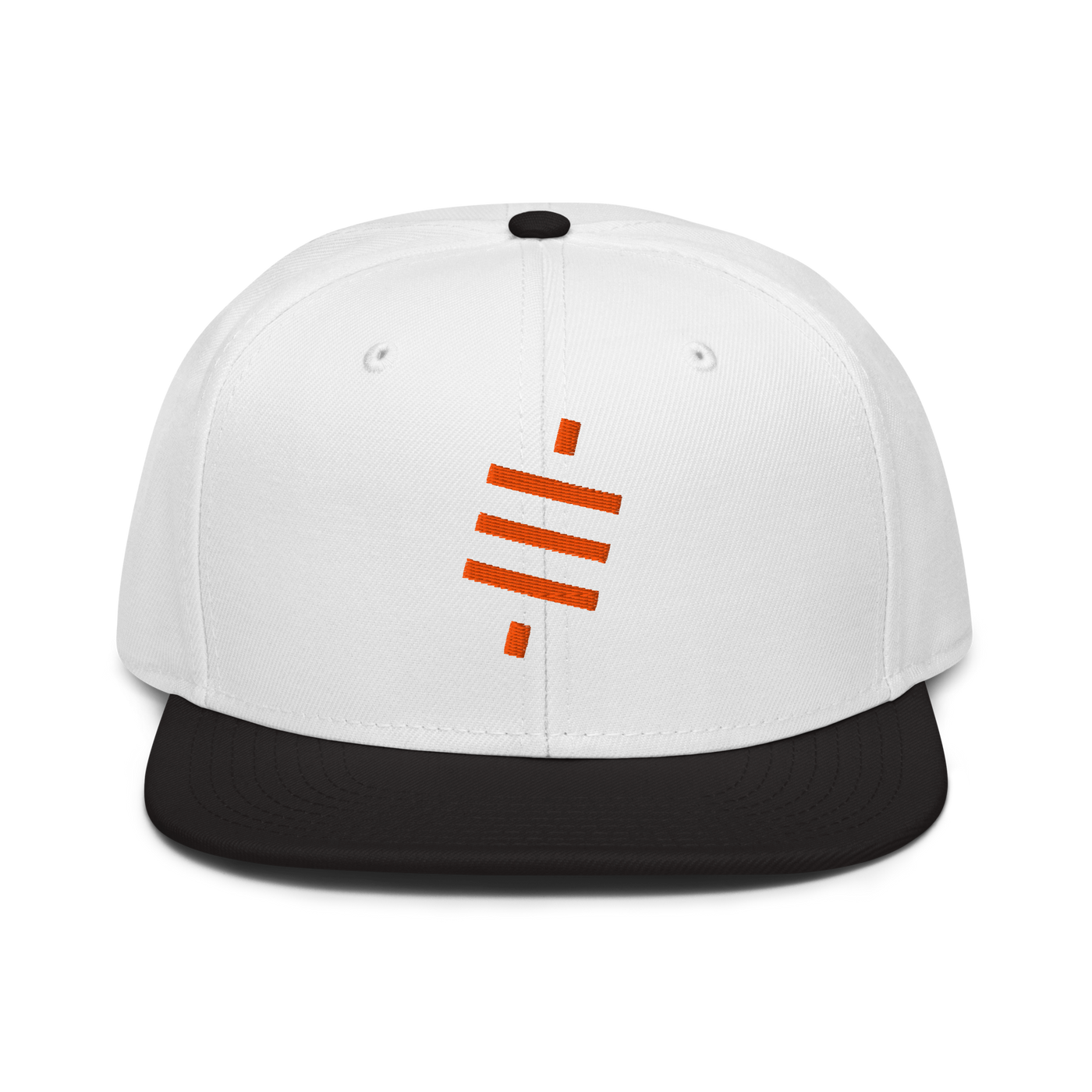 Sats Symbol bitcoin snapback hat in Black / White / White, front view.
