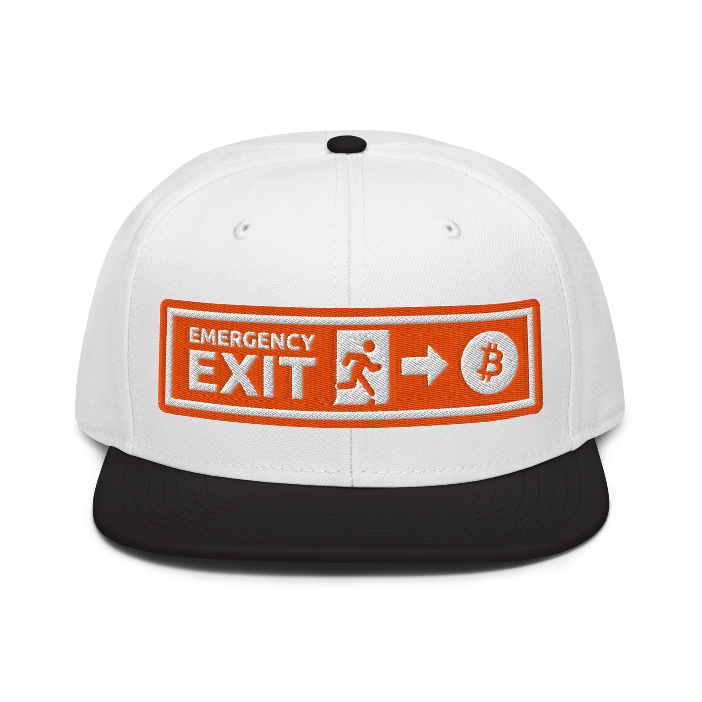 Emergency Exit bitcoin snapback hat in Black / White / White, front view.