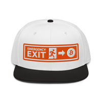 Emergency Exit bitcoin snapback hat in Black / White / White, front view.