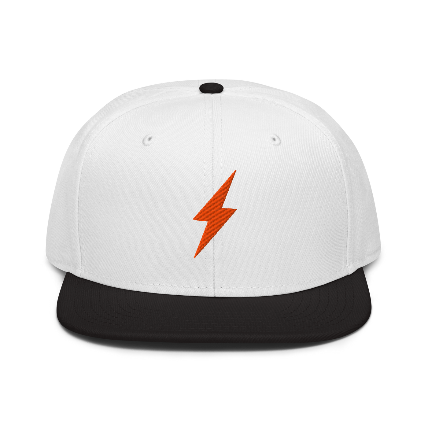 Lightning bitcoin snapback hat in Black / White / White, front view.