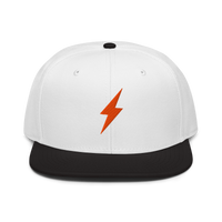 Lightning bitcoin snapback hat in Black / White / White, front view.