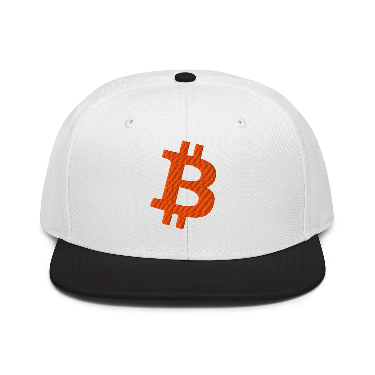 Bitcoin B bitcoin snapback hat in Black / White / White, front view.