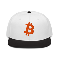 Bitcoin B bitcoin snapback hat in Black / White / White, front view.