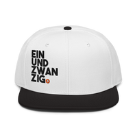 Einundzwanzig bitcoin snapback hat in Black / White / White, front view.