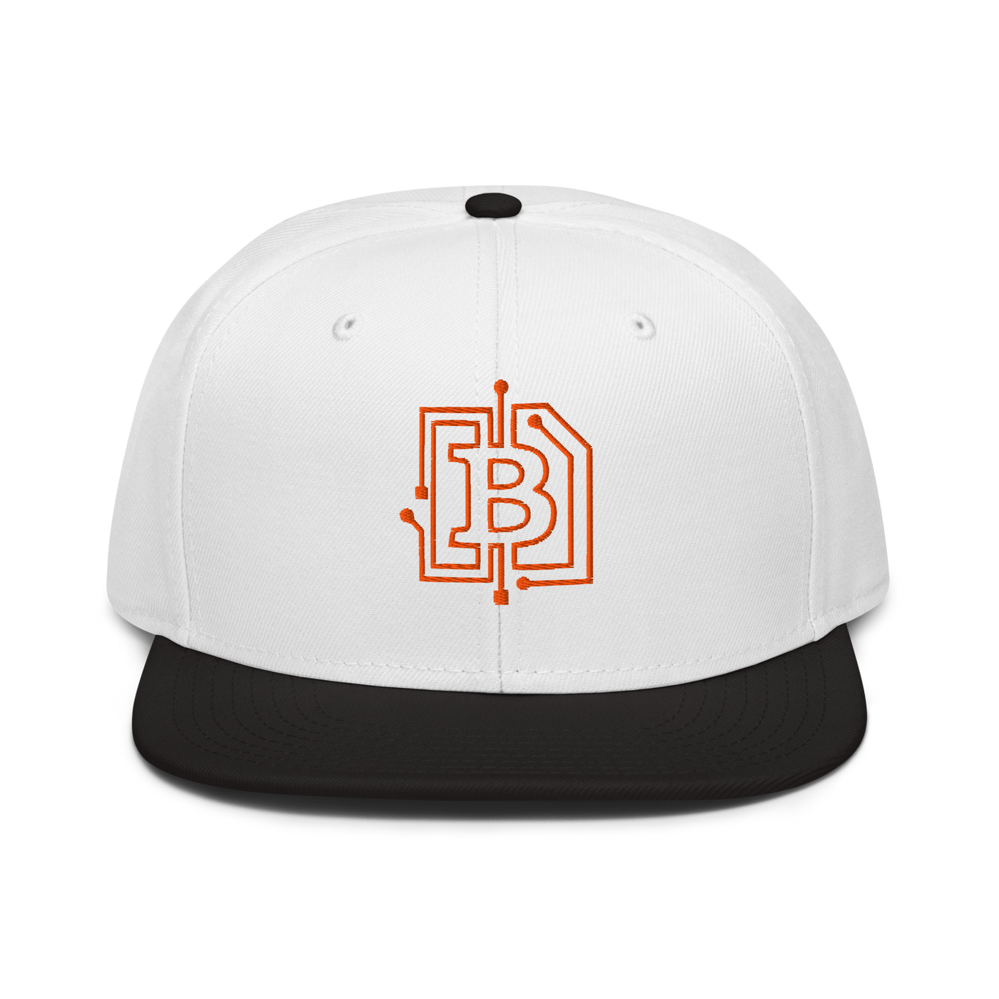 Circuit Board bitcoin snapback hat in Black / White / White, front view.