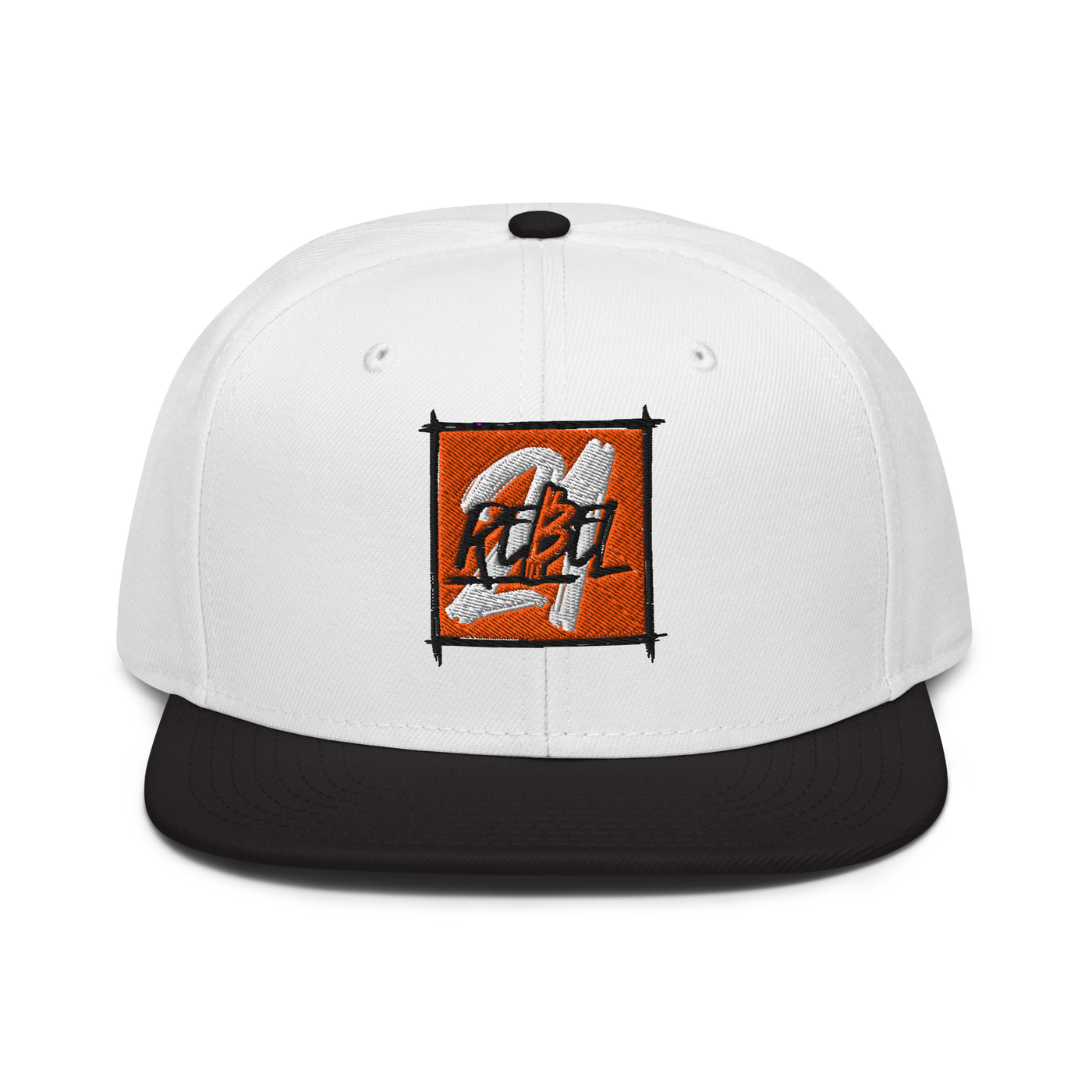 21 Rebel bitcoin snapback hat in Black / White / White, front view.