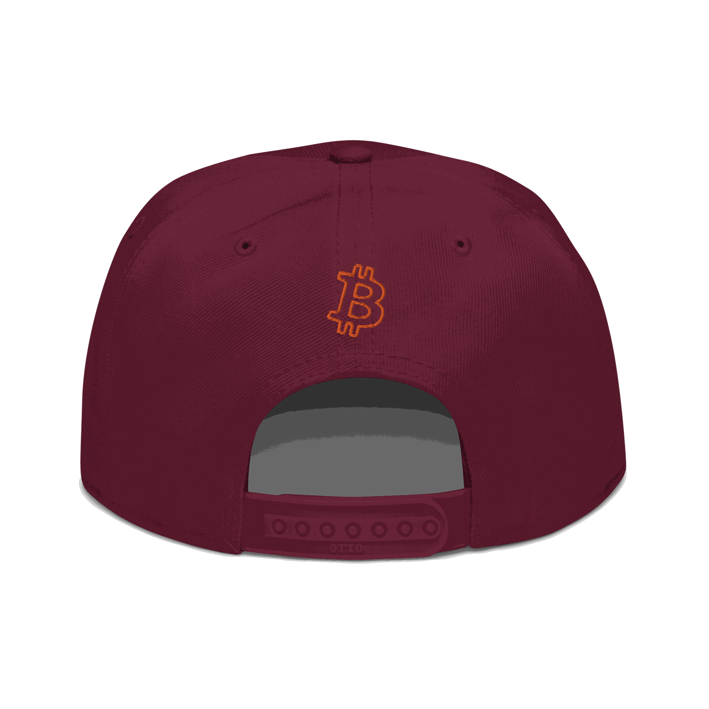 Back view of a burgundy maroon bitcoin snapback hat.