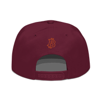 Back view of a burgundy maroon bitcoin snapback hat.
