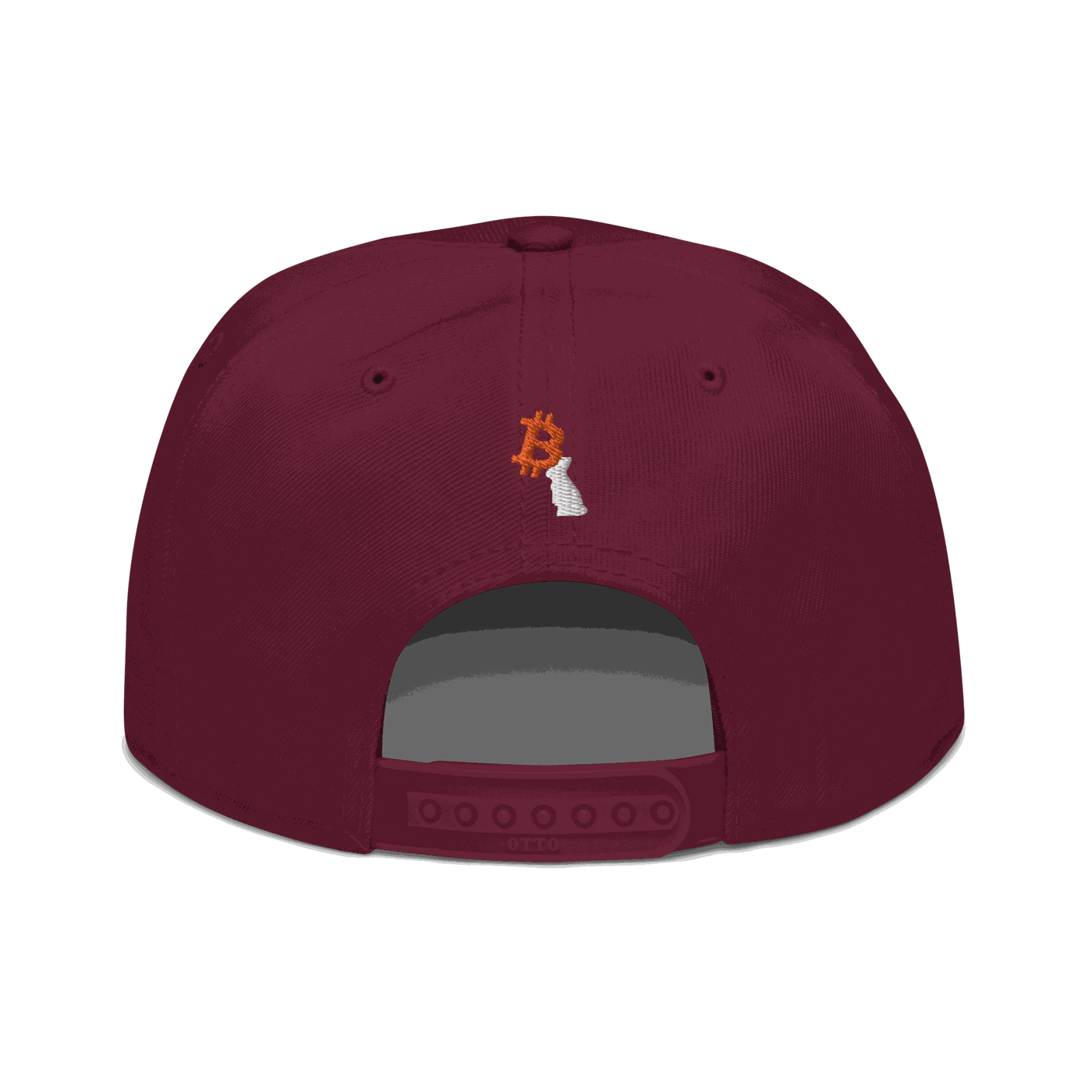 Back view of a burgundy maroon bitcoin snapback hat.