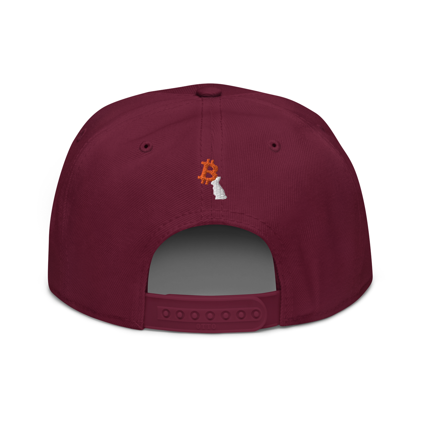 Back view of a burgundy maroon bitcoin snapback hat.