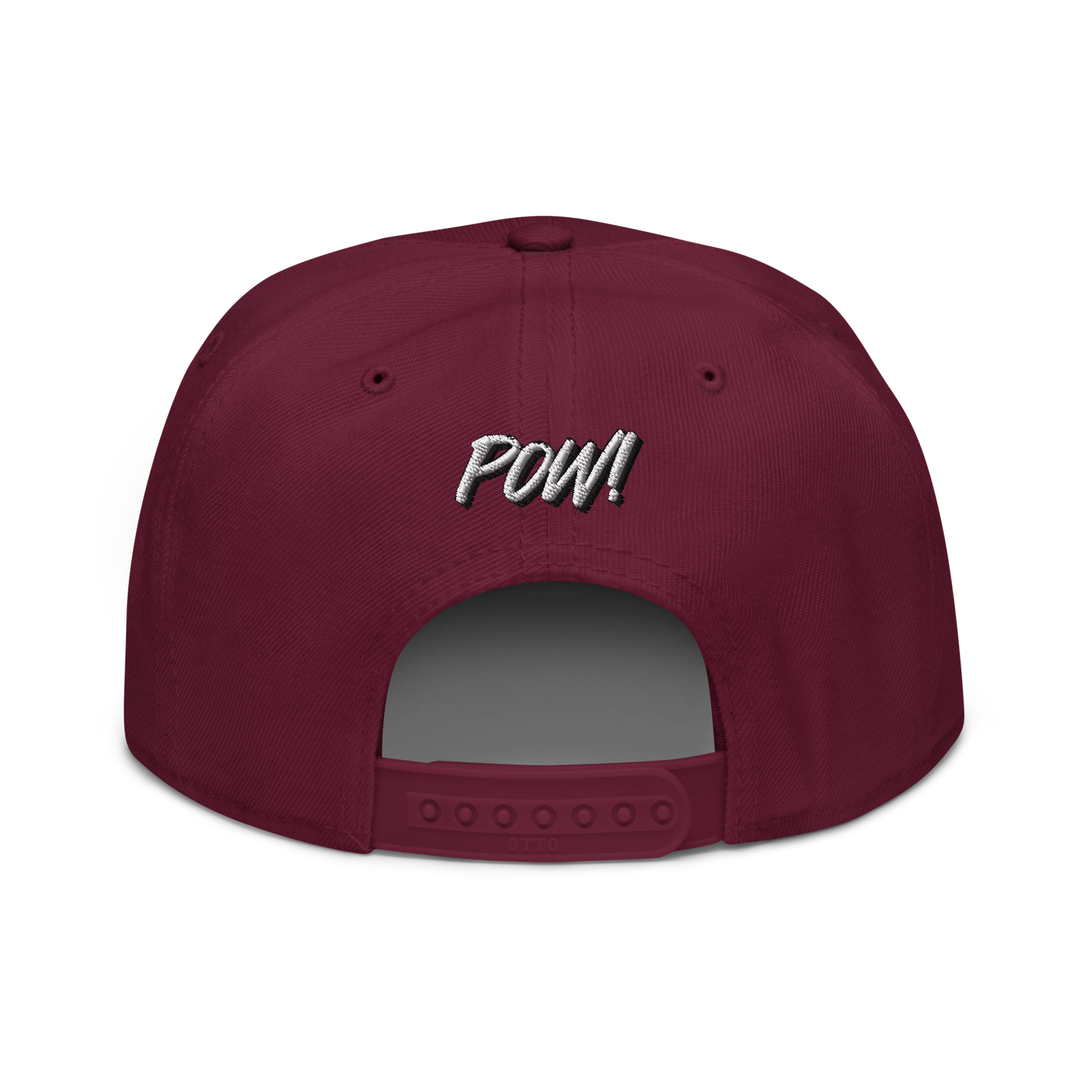 Back view of a burgundy maroon bitcoin snapback hat.