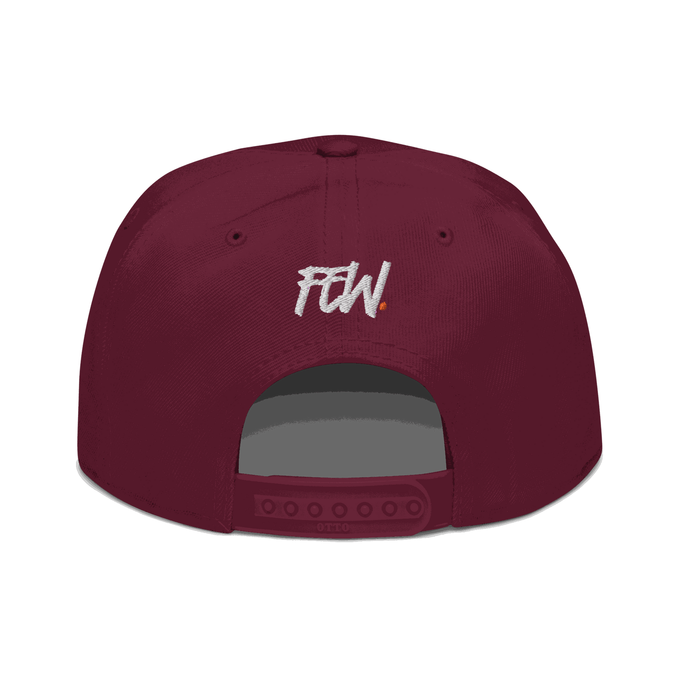 Back view of a burgundy maroon bitcoin snapback hat.