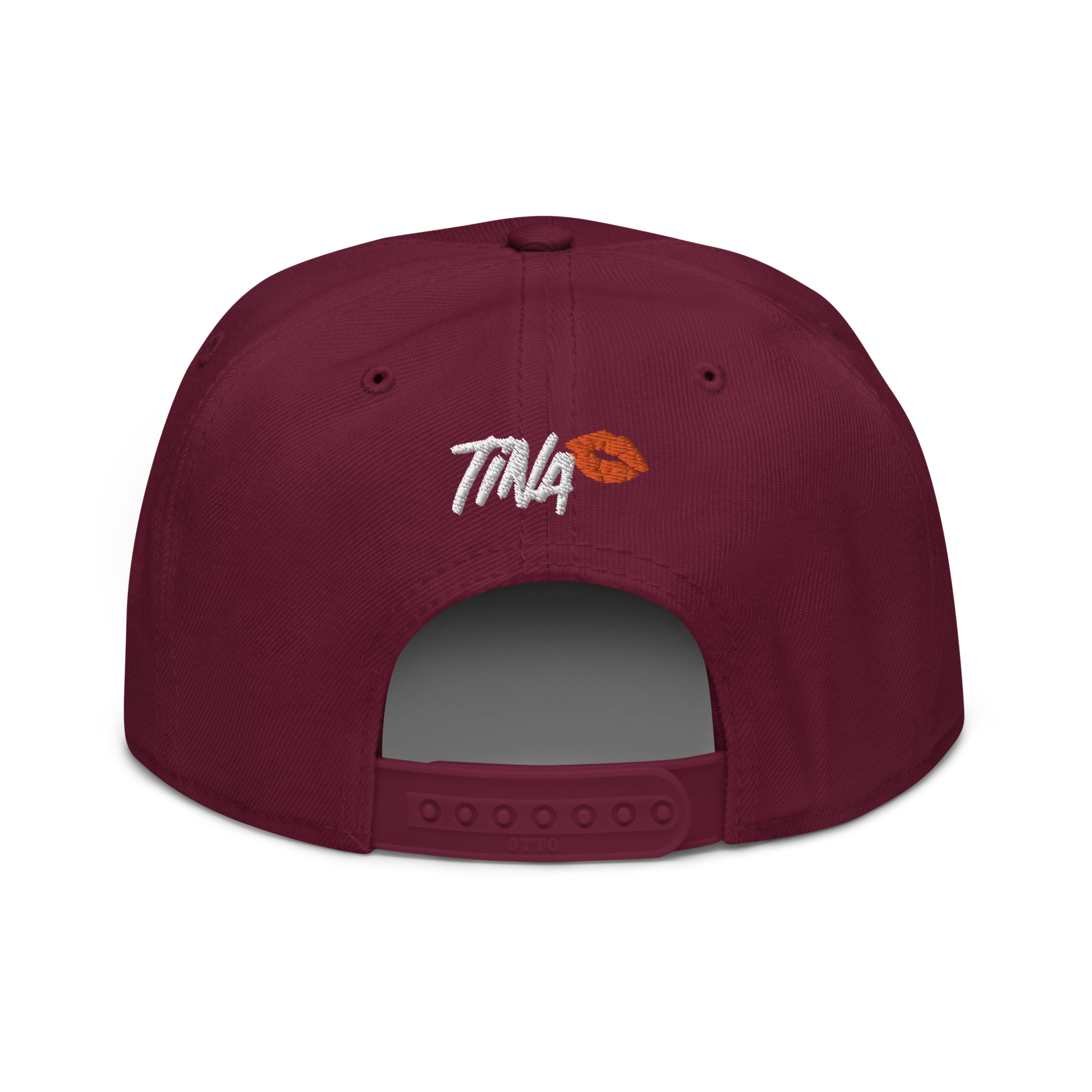 Back view of a burgundy maroon bitcoin snapback hat.