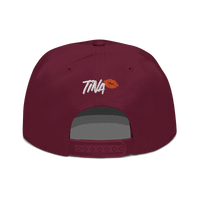 Back view of a burgundy maroon bitcoin snapback hat.