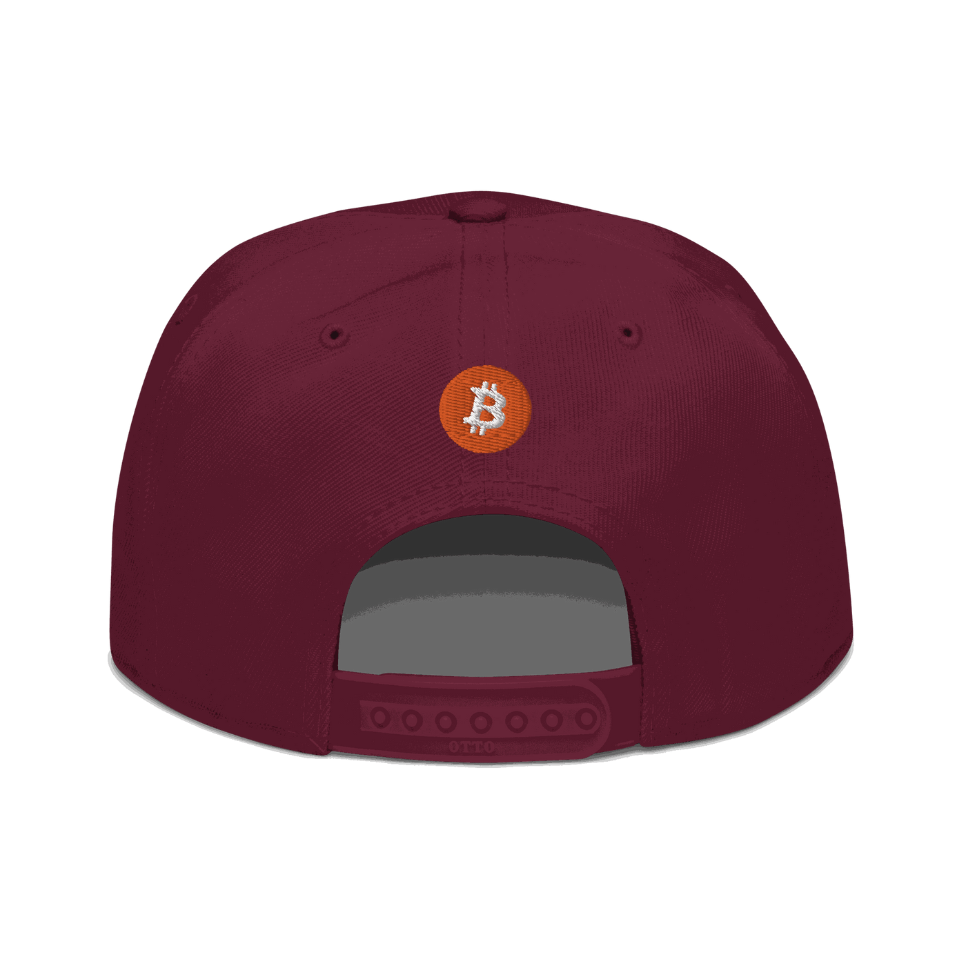 Black Bitcoin Snapback Hat with structured high-profile design and flat grey under visor