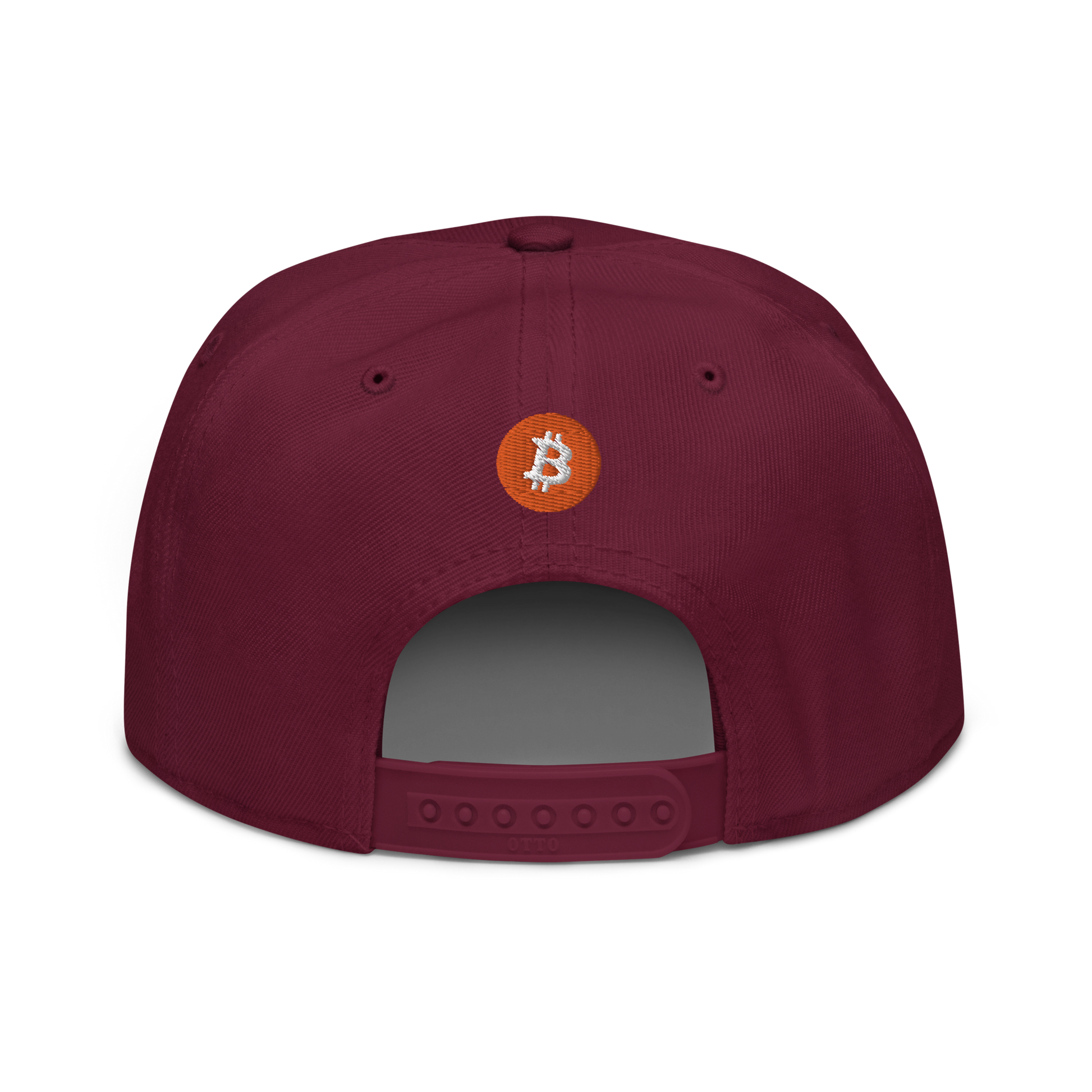 Back view of a burgundy bitcoin snapback hat.