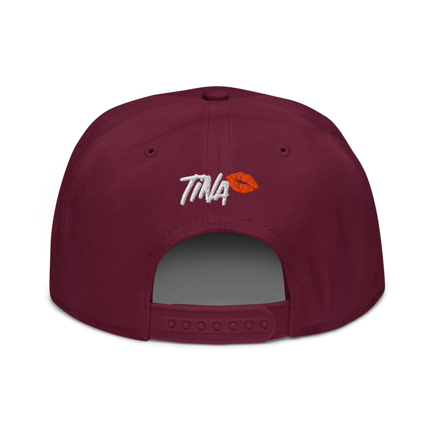 TINA bitcoin snapback hat in Burgundy, back view.