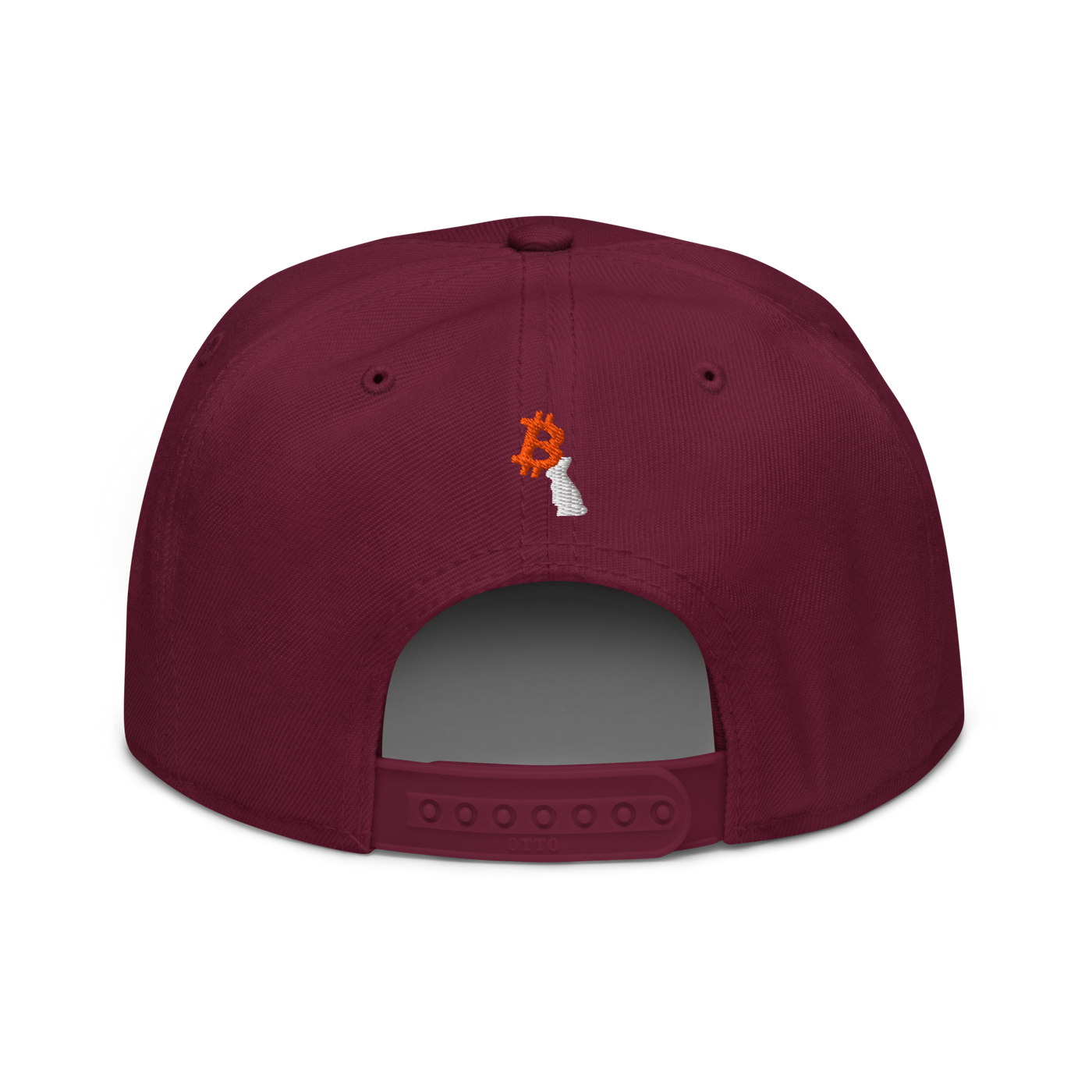 White Rabbit bitcoin snapback hat in Burgundy, back view.