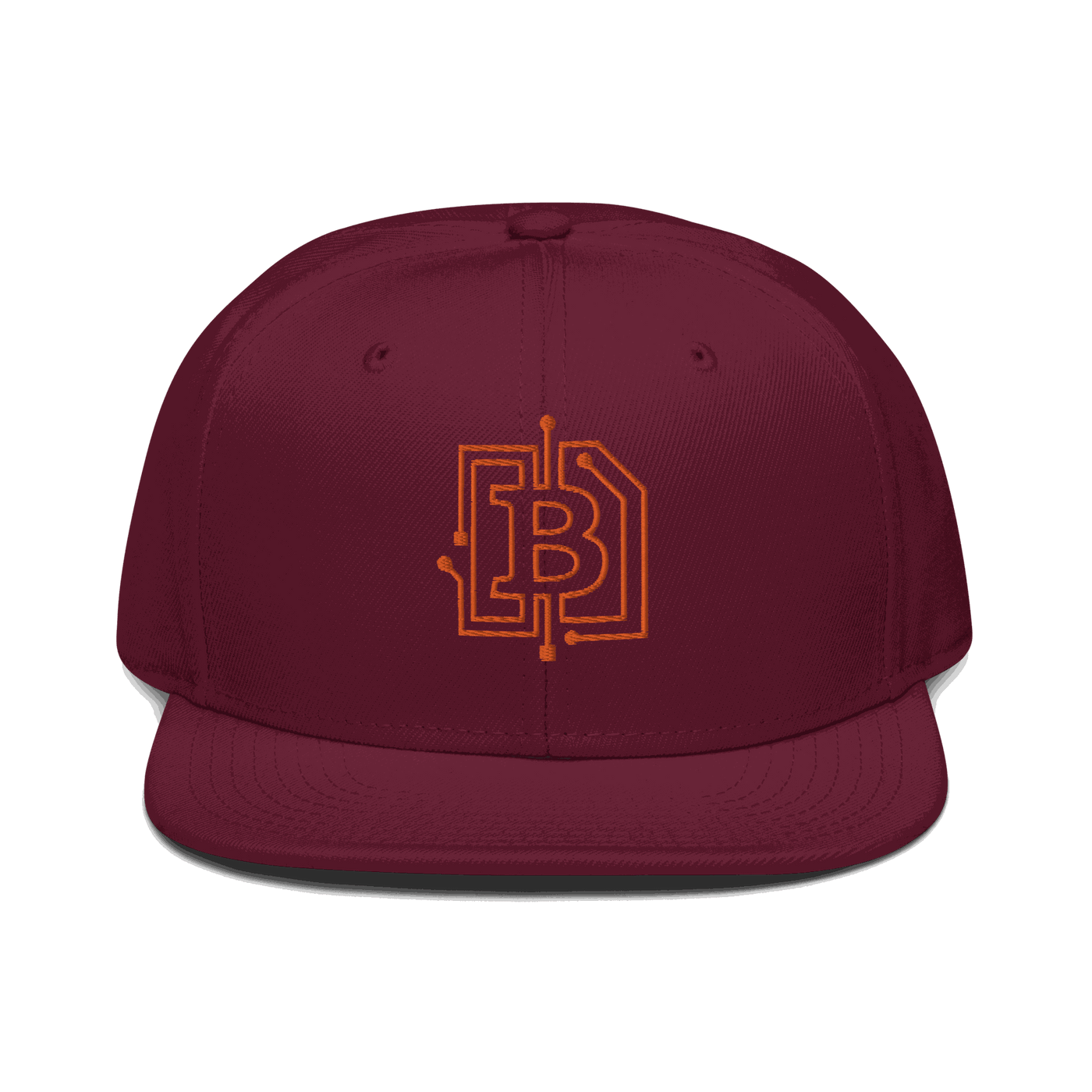 Front view of a burgundy maroon bitcoin snapback hat.