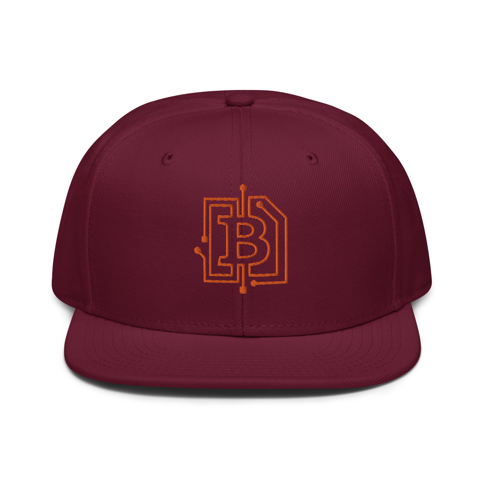 Front view of a burgundy maroon bitcoin snapback hat.