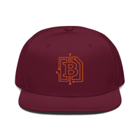 Front view of a burgundy maroon bitcoin snapback hat.