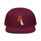 Front view of a burgundy maroon bitcoin snapback hat.